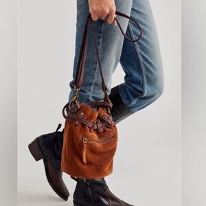 Free People Suede Drawstring Bucket Bag in Brown
